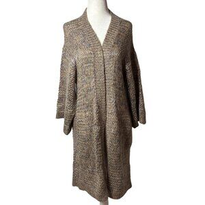 Wool Blend Chunky Knit Open Cardigan Sweater Brown Long Womens M soft cozy